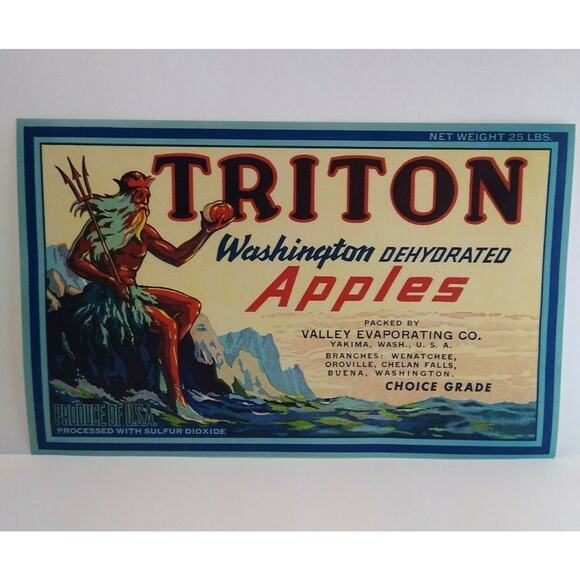 Triton Apples Crate Label King Neptune Man With Trident Vintage Original 1940s - Picture 4 of 4
